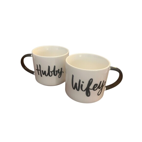 Wifey Hubby Porcelain Coffee Cup Mugs Set Stackable Newlyweds Married Life Cute - Picture 5 of 8